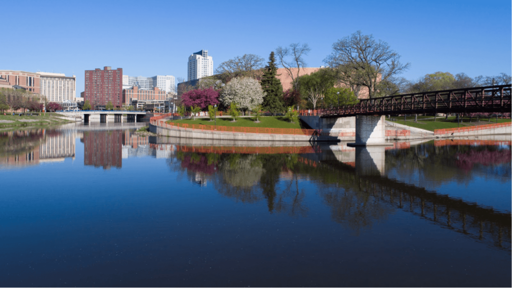 A view of downtown Rochester overlooking water